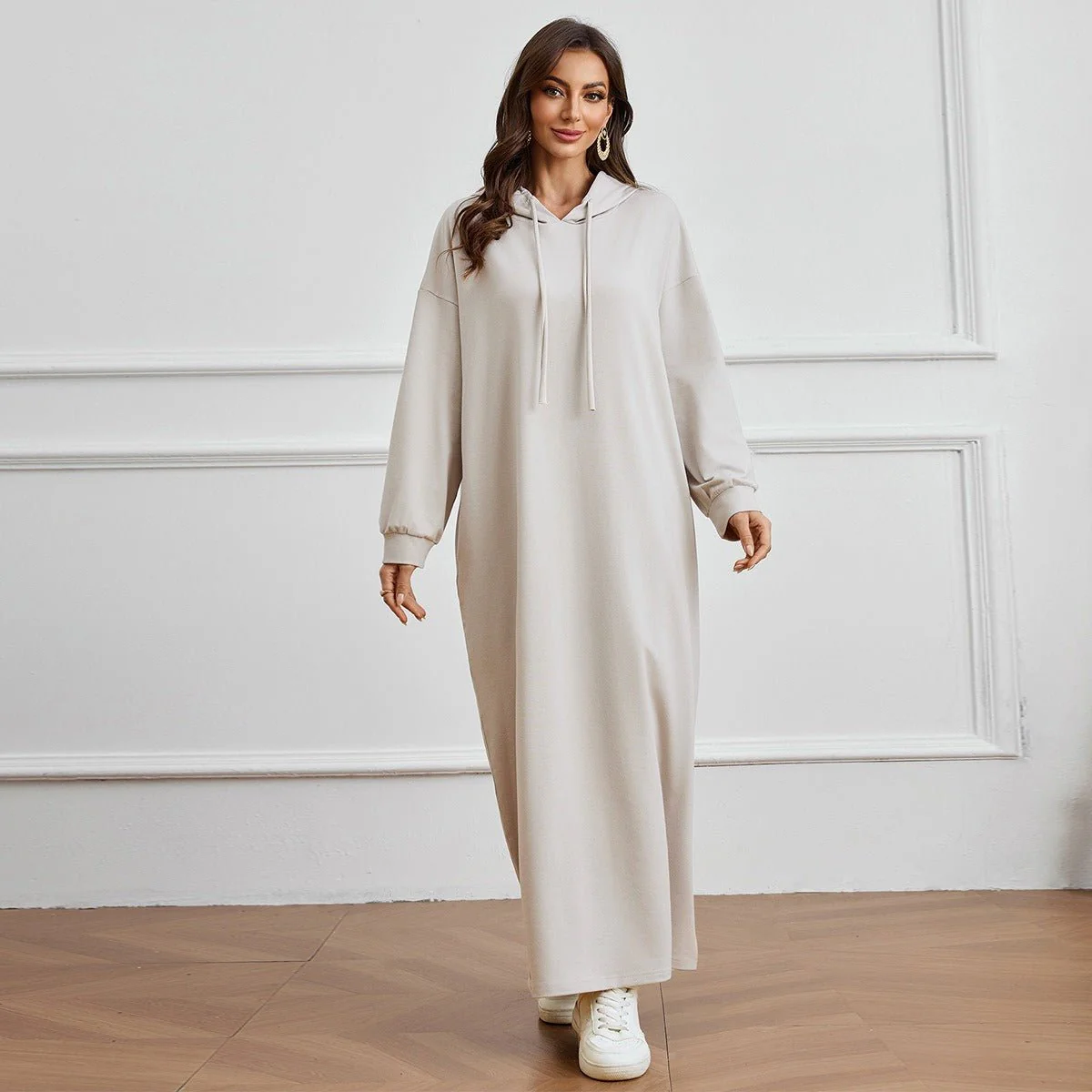 Hooded Pocket Casual Solid Color Dress Robe - Modest Long Sleeve Lounge Dress with Drawstring Hood(MA282) - Image 7