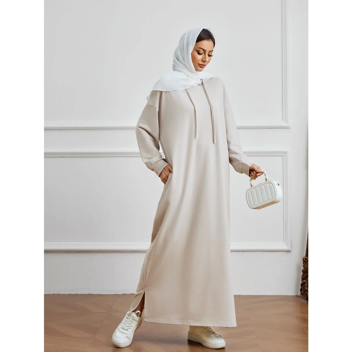 Hooded Pocket Casual Solid Color Dress Robe - Modest Long Sleeve Lounge Dress with Drawstring Hood(MA282) - Image 8