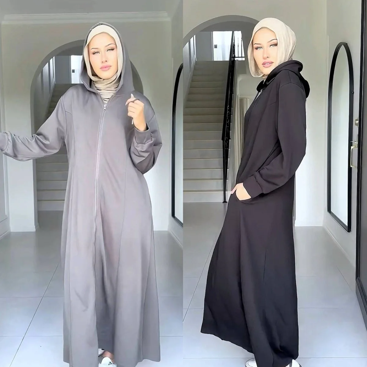 Hooded Zip-Front Abaya with Pockets (MA389) - Image 2