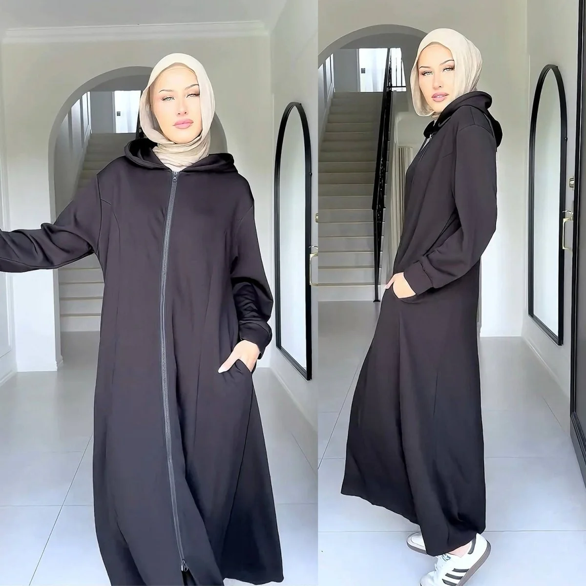 Hooded Zip-Front Abaya with Pockets (MA389) - Image 3