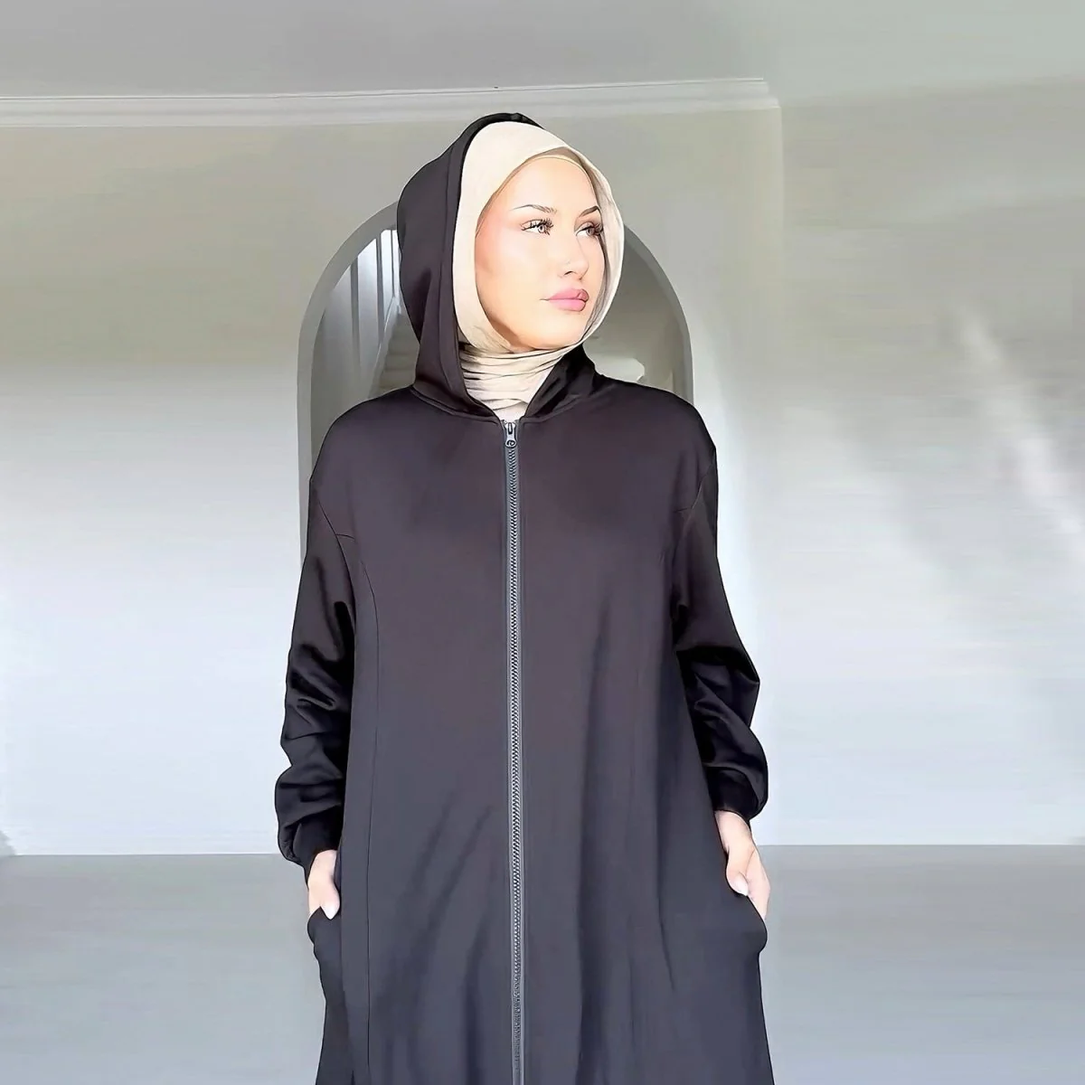 Hooded Zip-Front Abaya with Pockets (MA389) - Image 4