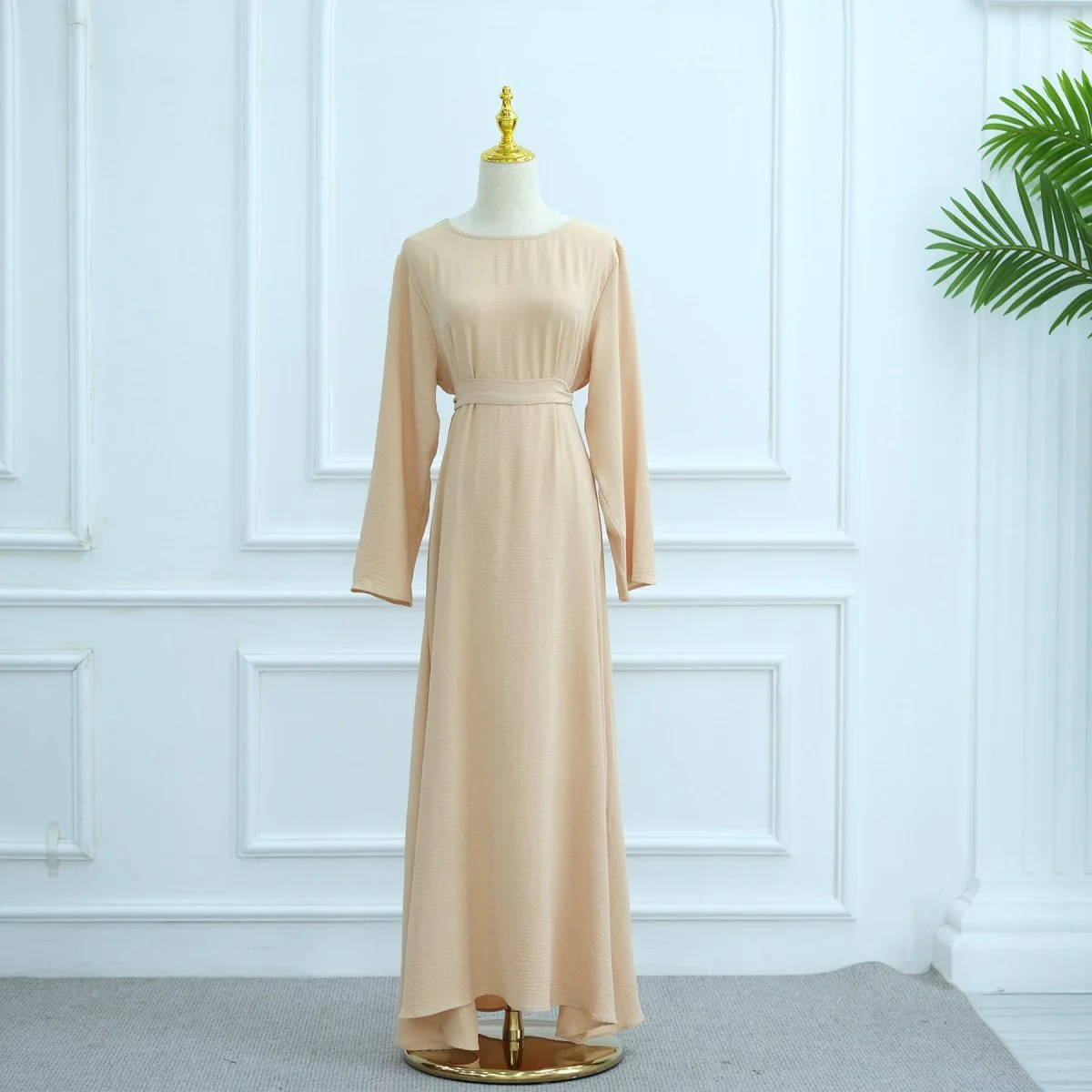 Ice Silk Crinkle Cape Set | 3-Piece Solid Color Abaya with Inner Dress & Belt(MA304) - Image 12