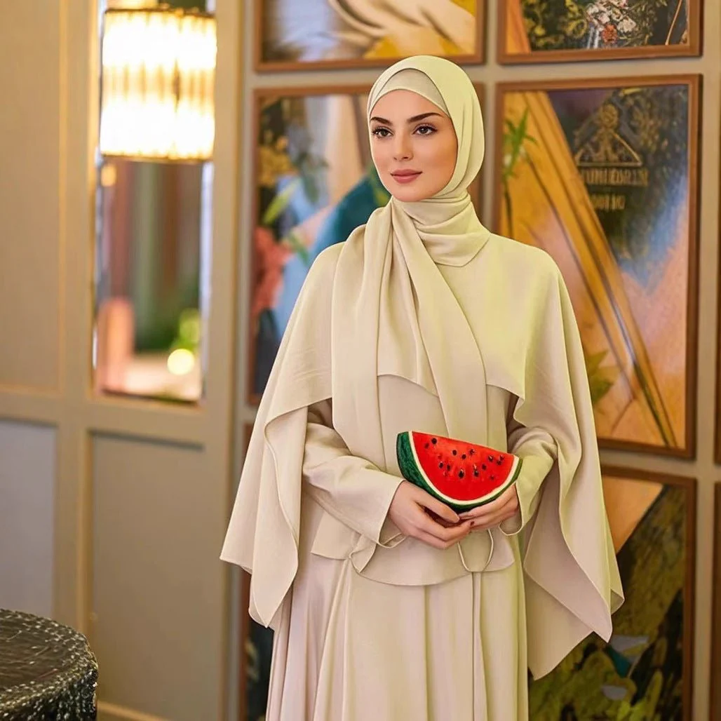 Ice Silk Crinkle Cape Set | 3-Piece Solid Color Abaya with Inner Dress & Belt(MA304) - Image 2