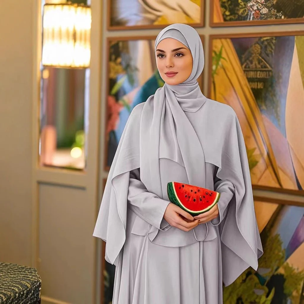 Ice Silk Crinkle Cape Set | 3-Piece Solid Color Abaya with Inner Dress & Belt(MA304) - Image 3