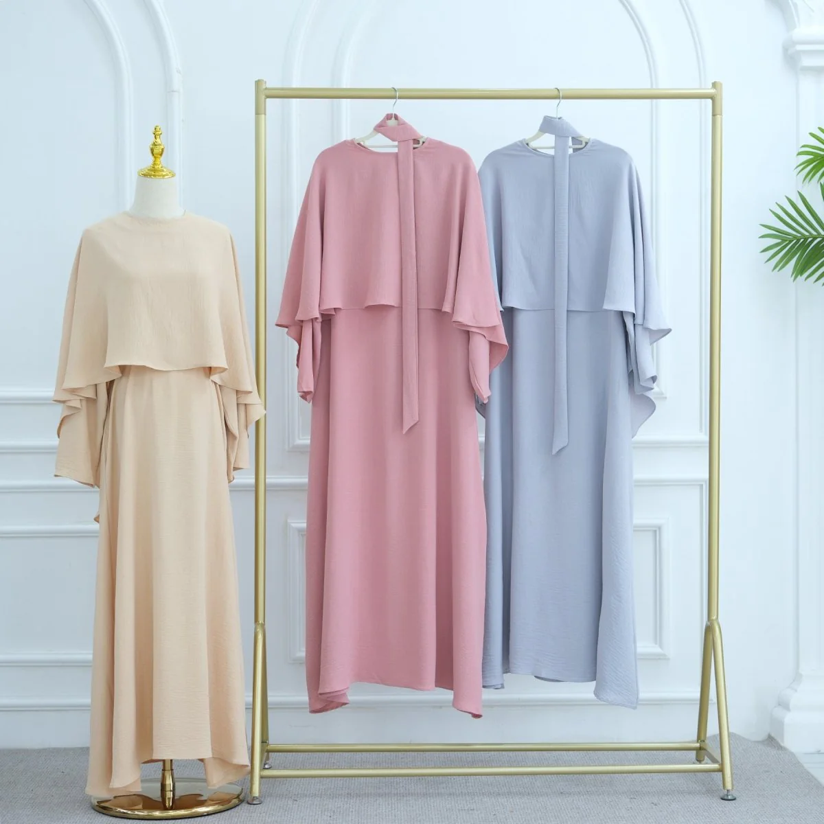 Ice Silk Crinkle Cape Set | 3-Piece Solid Color Abaya with Inner Dress & Belt(MA304) - Image 5