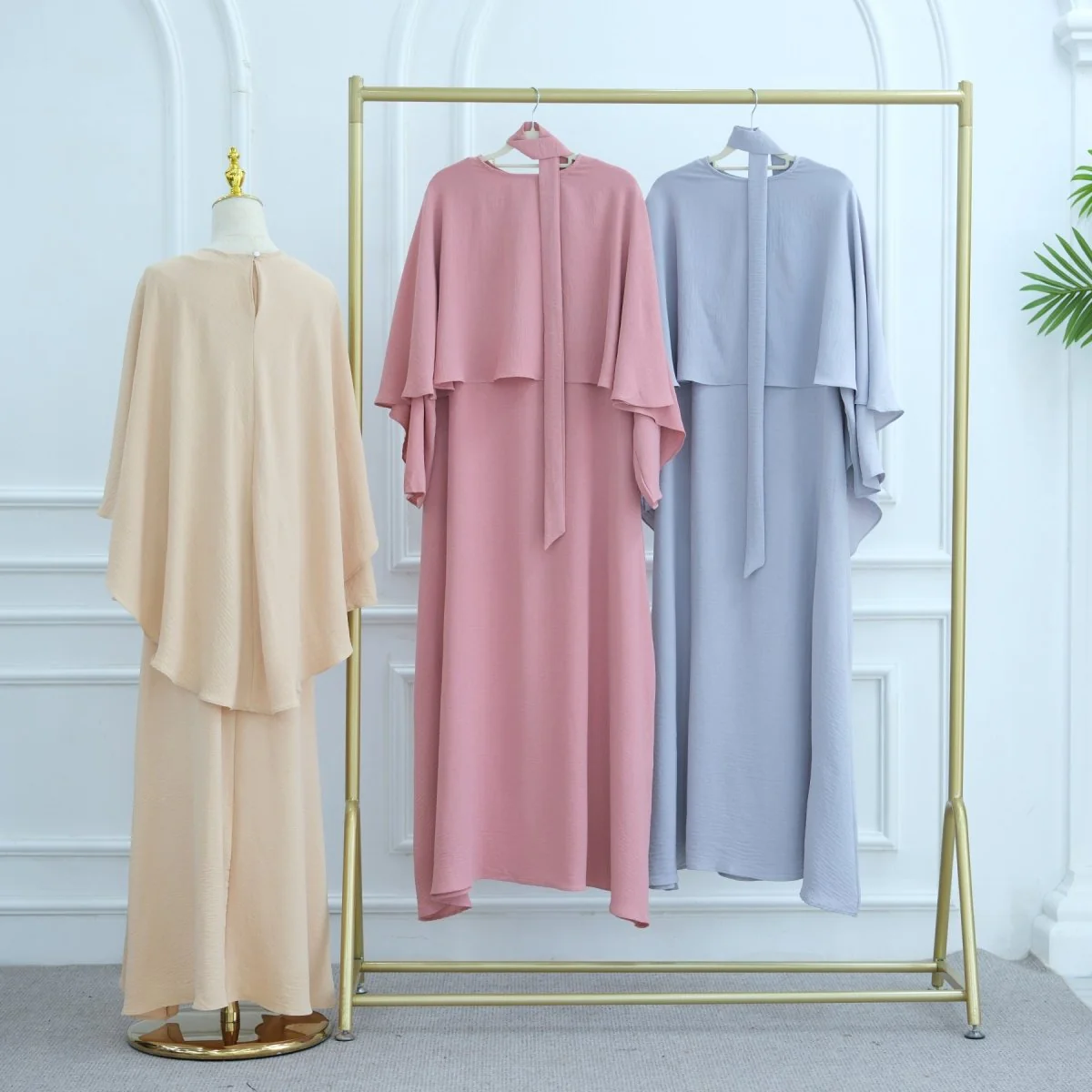 Ice Silk Crinkle Cape Set | 3-Piece Solid Color Abaya with Inner Dress & Belt(MA304) - Image 6