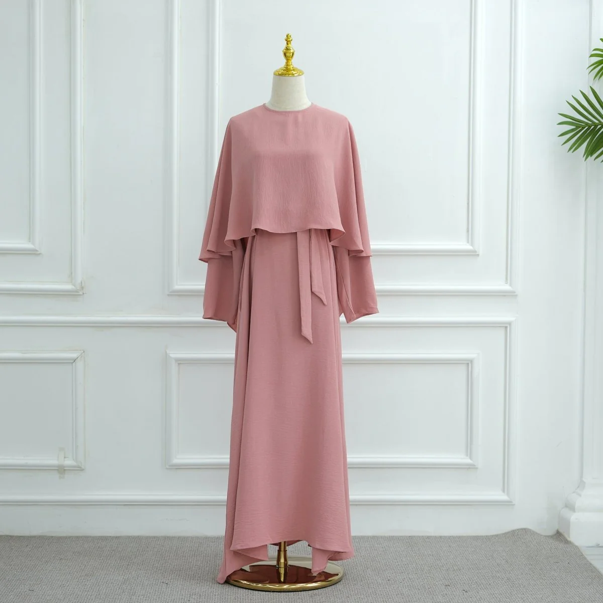 Ice Silk Crinkle Cape Set | 3-Piece Solid Color Abaya with Inner Dress & Belt(MA304) - Image 9
