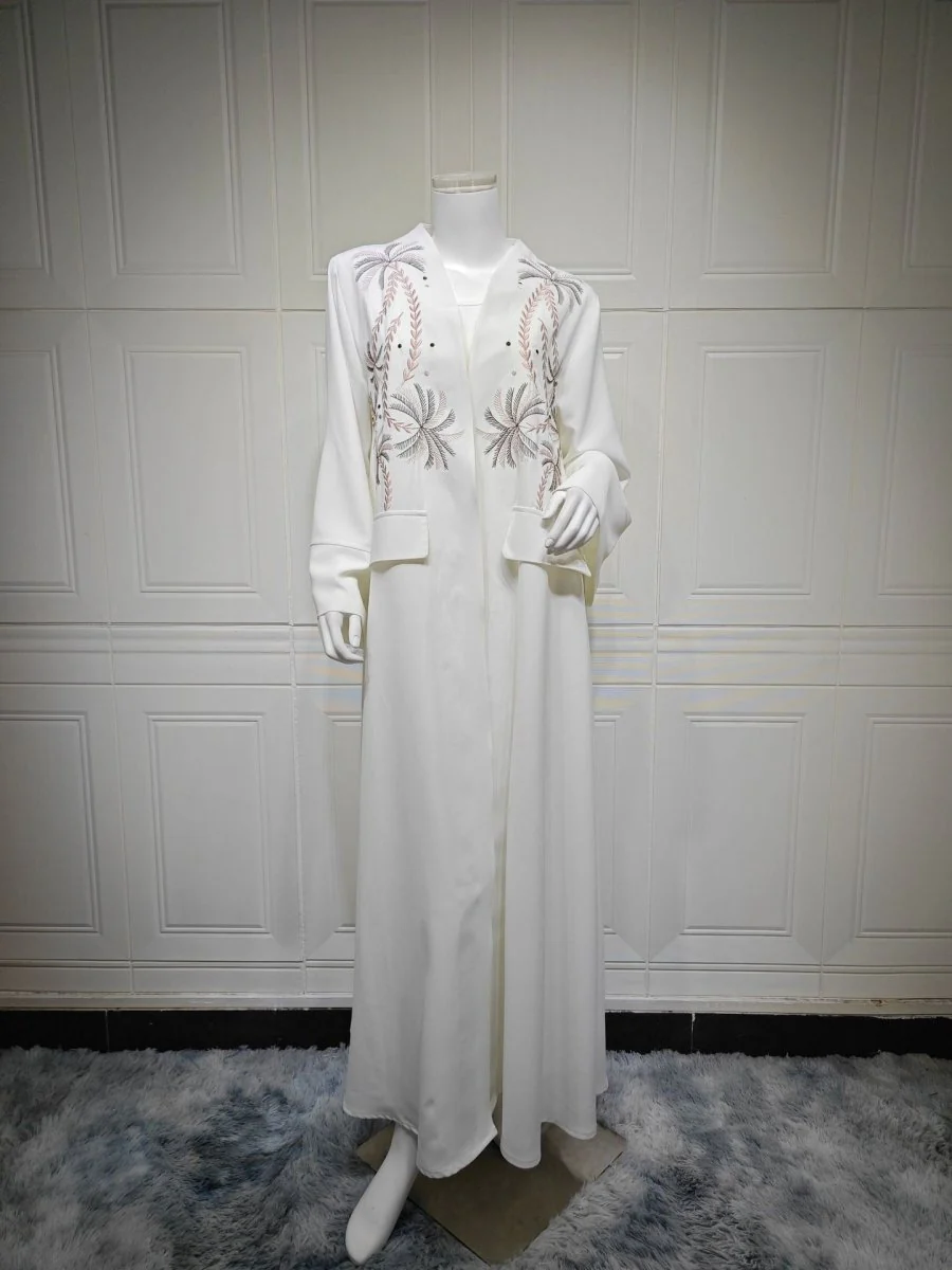 Ice Silk Crinkle Fabric  Embroidered V-Neck Abaya(MOA234) - Image 13