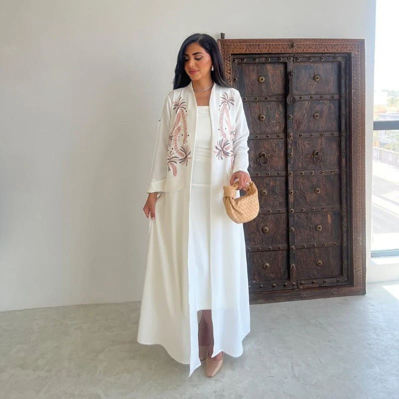Ice Silk Crinkle Fabric  Embroidered V-Neck Abaya(MOA234) - Image 2