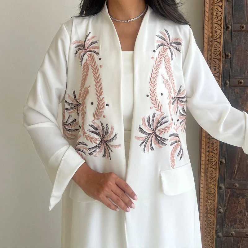 Ice Silk Crinkle Fabric  Embroidered V-Neck Abaya(MOA234) - Image 3