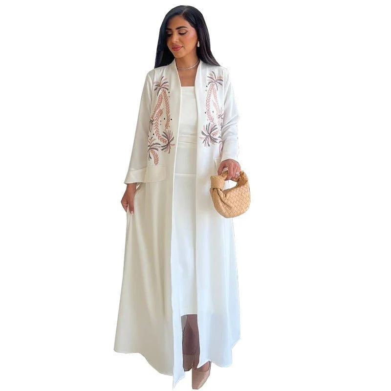 Ice Silk Crinkle Fabric  Embroidered V-Neck Abaya(MOA234) - Image 6