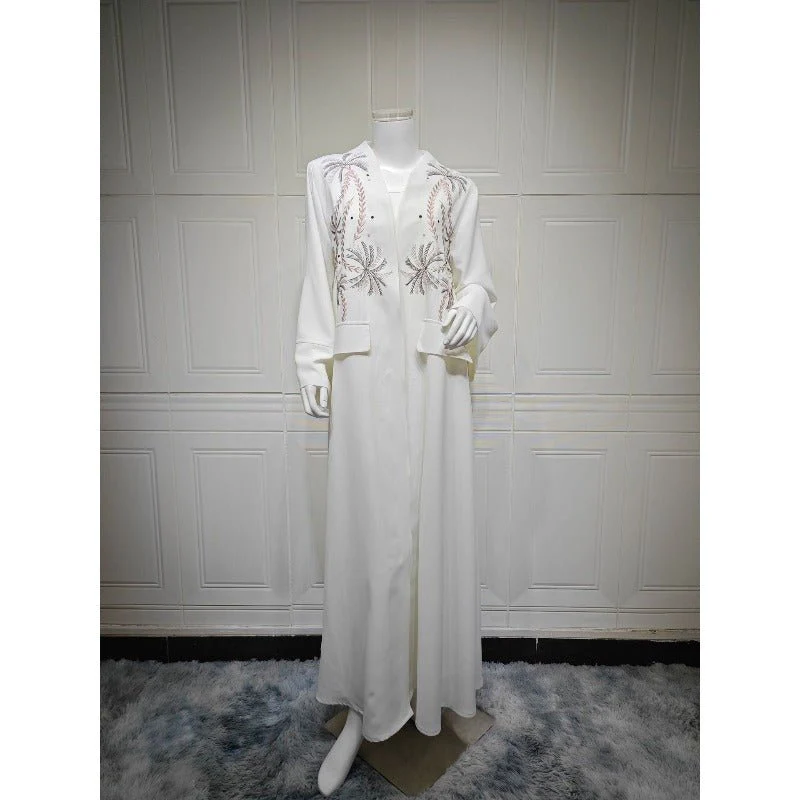 Ice Silk Crinkle Fabric  Embroidered V-Neck Abaya(MOA234) - Image 7