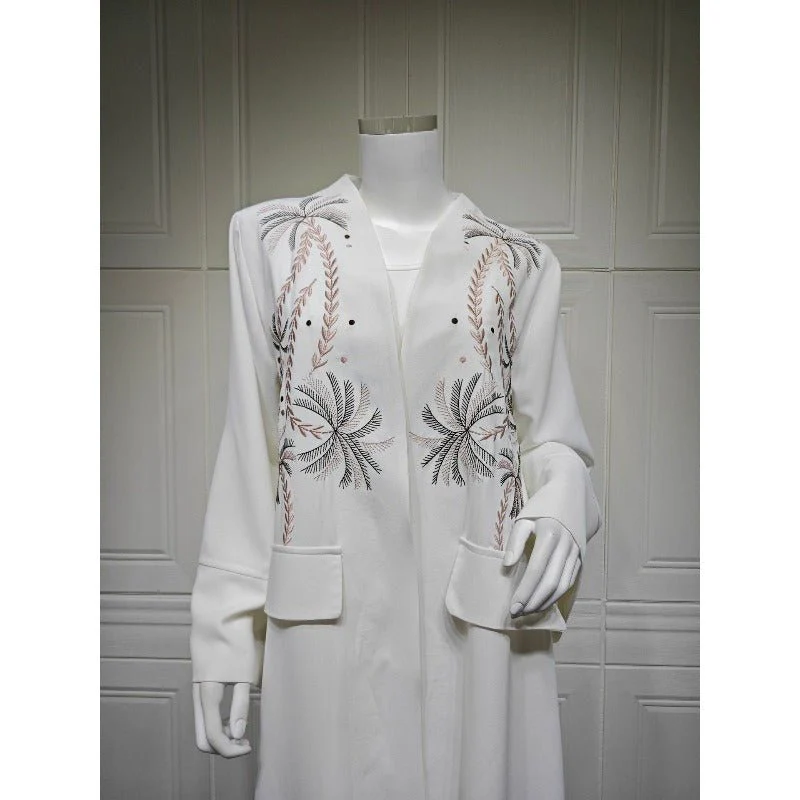 Ice Silk Crinkle Fabric  Embroidered V-Neck Abaya(MOA234) - Image 8