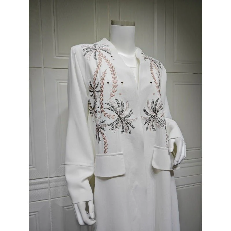 Ice Silk Crinkle Fabric  Embroidered V-Neck Abaya(MOA234) - Image 9