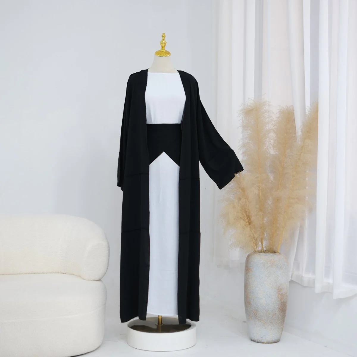 Ice Silk Crinkle Open Abaya with Wide Belt(MOA283) - Image 10