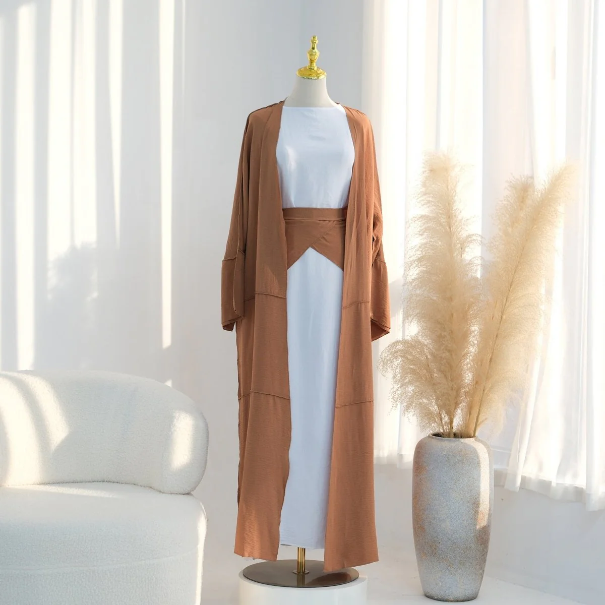 Ice Silk Crinkle Open Abaya with Wide Belt(MOA283) - Image 11