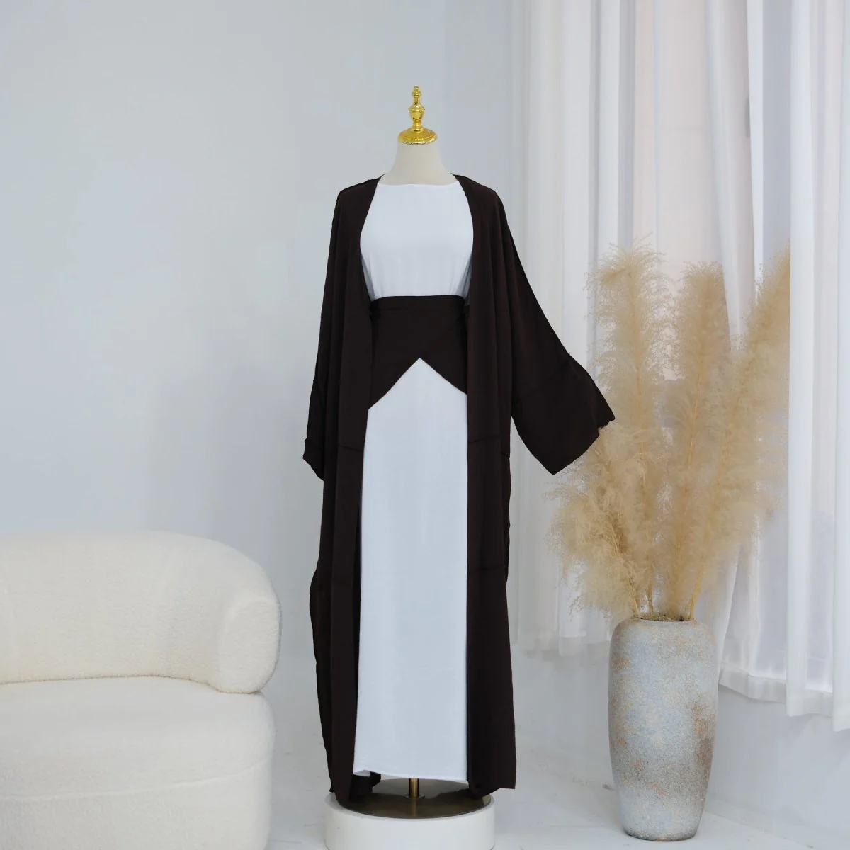 Ice Silk Crinkle Open Abaya with Wide Belt(MOA283) - Image 12