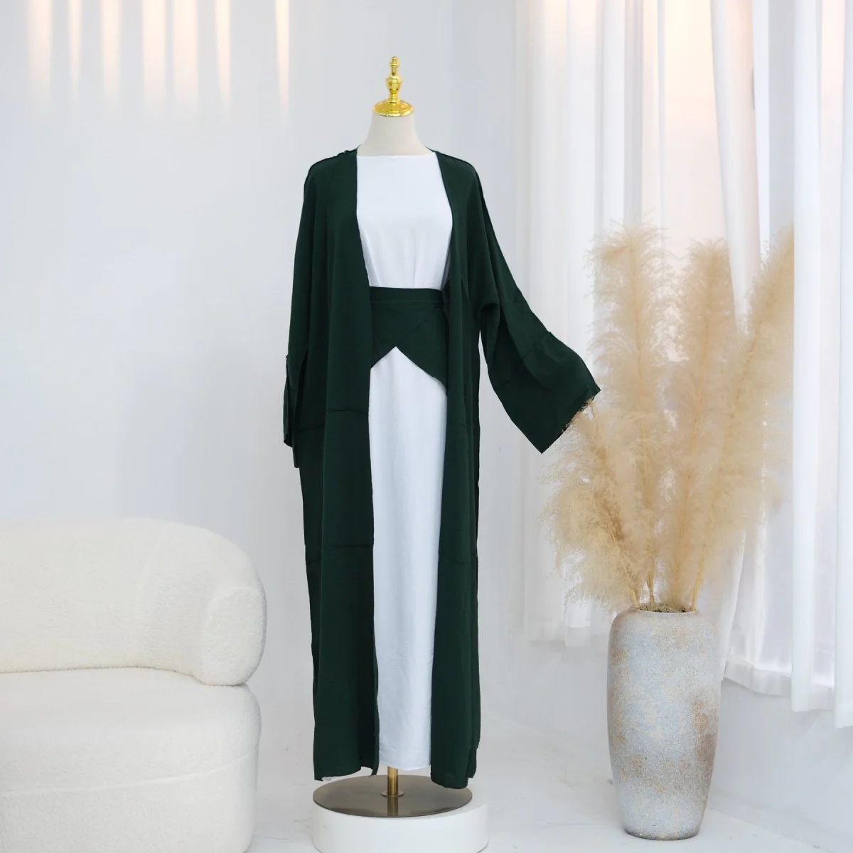 Ice Silk Crinkle Open Abaya with Wide Belt(MOA283) - Image 13
