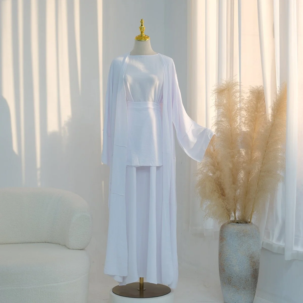 Ice Silk Crinkle Open Abaya with Wide Belt(MOA283) - Image 15
