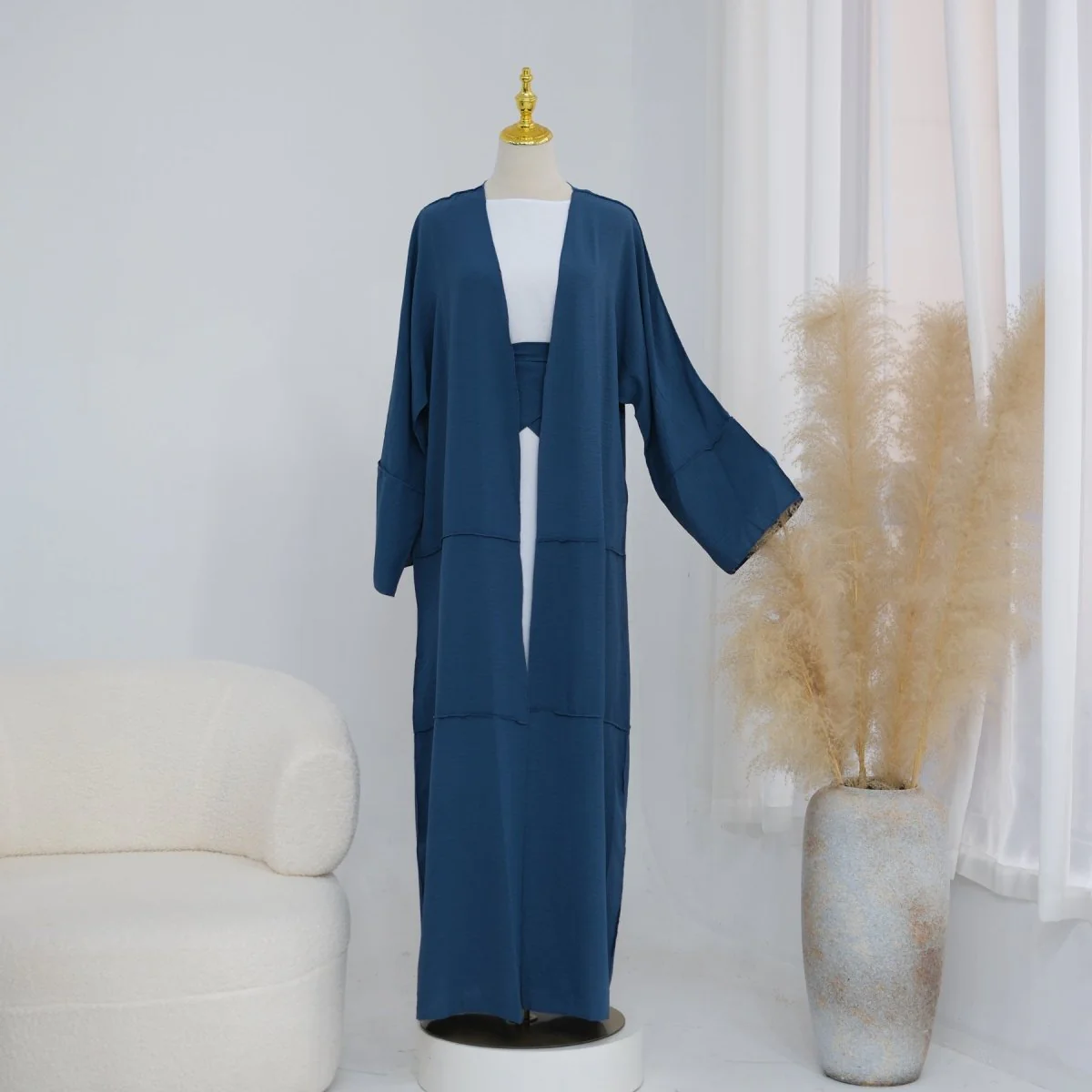Ice Silk Crinkle Open Abaya with Wide Belt(MOA283) - Image 16