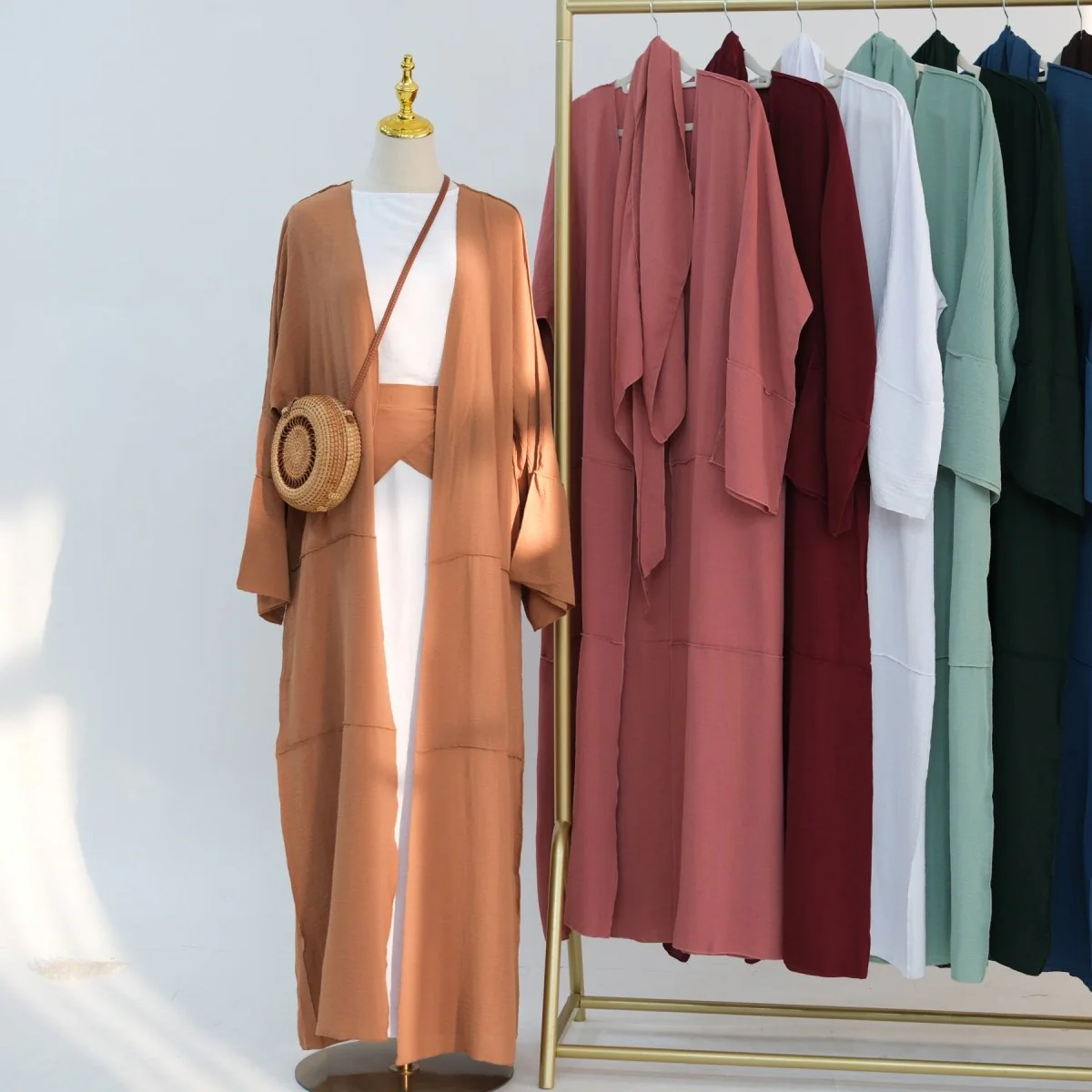 Ice Silk Crinkle Open Abaya with Wide Belt(MOA283) - Image 2