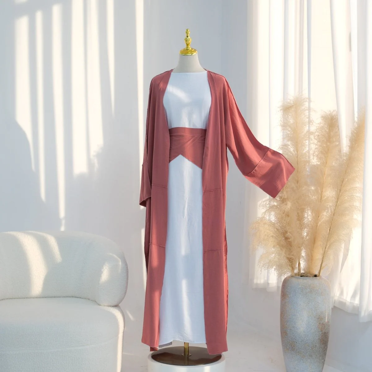 Ice Silk Crinkle Open Abaya with Wide Belt(MOA283) - Image 4