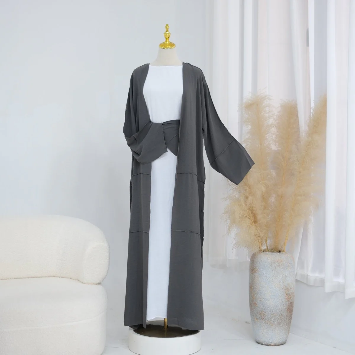 Ice Silk Crinkle Open Abaya with Wide Belt(MOA283) - Image 6