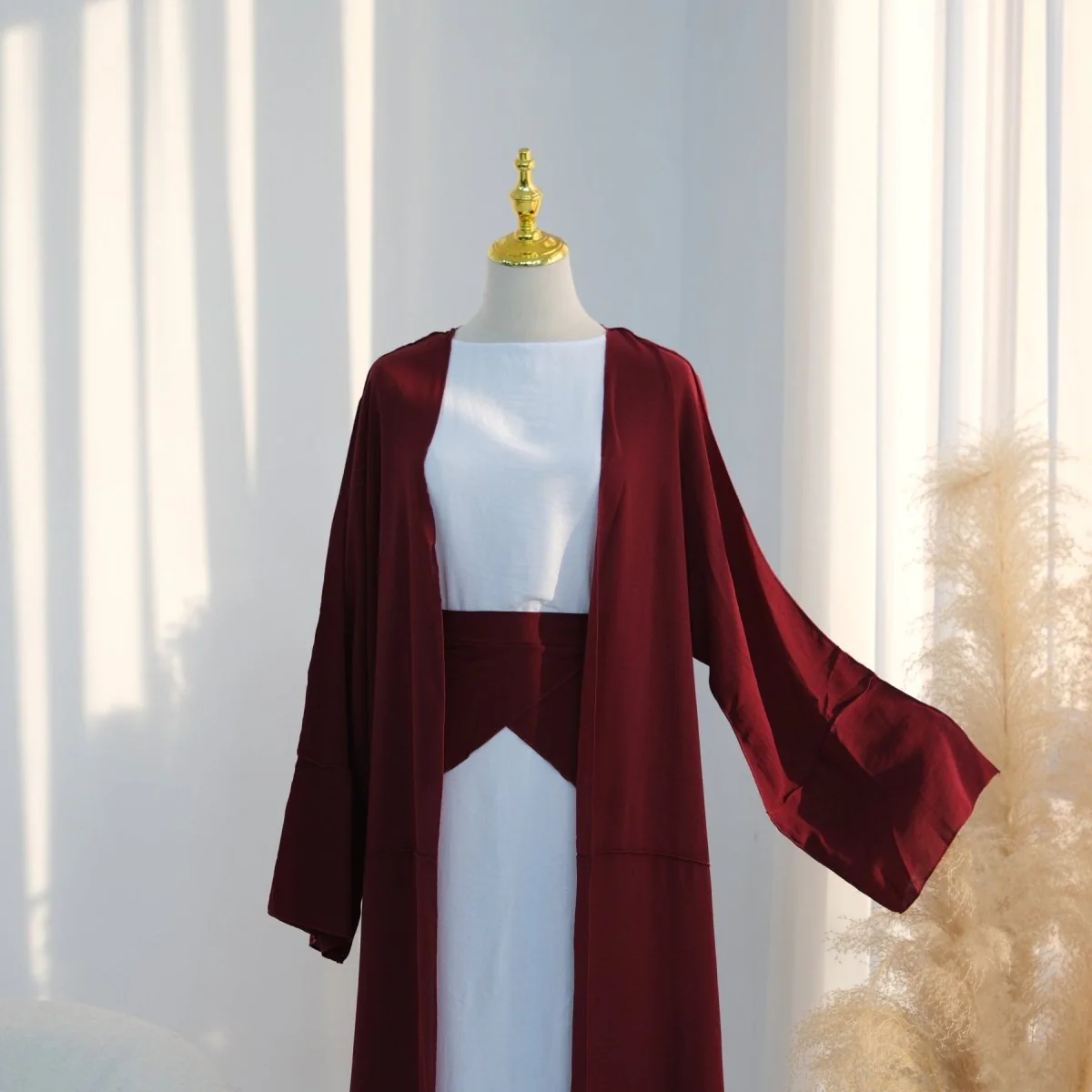 Ice Silk Crinkle Open Abaya with Wide Belt(MOA283) - Image 7