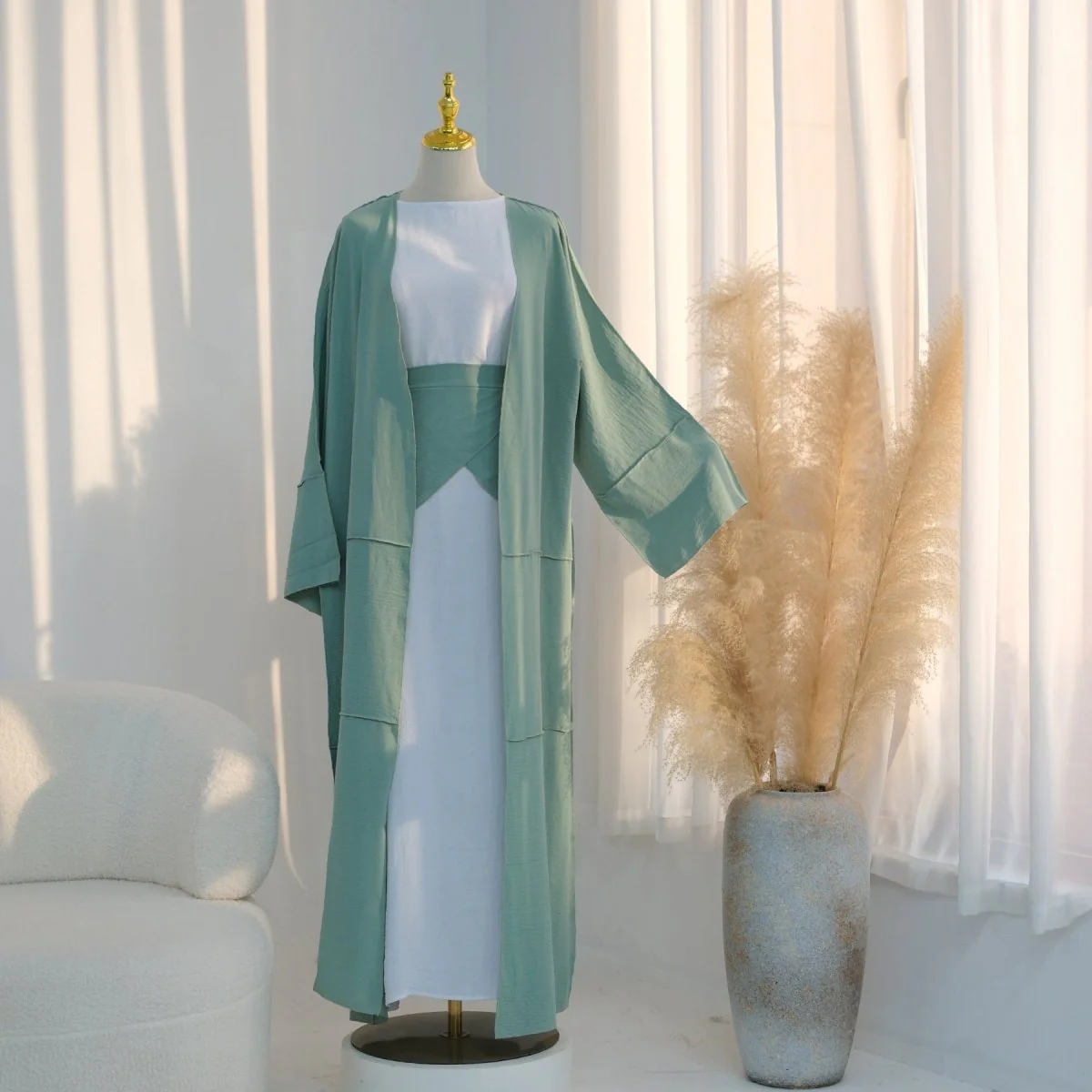 Ice Silk Crinkle Open Abaya with Wide Belt(MOA283) - Image 8