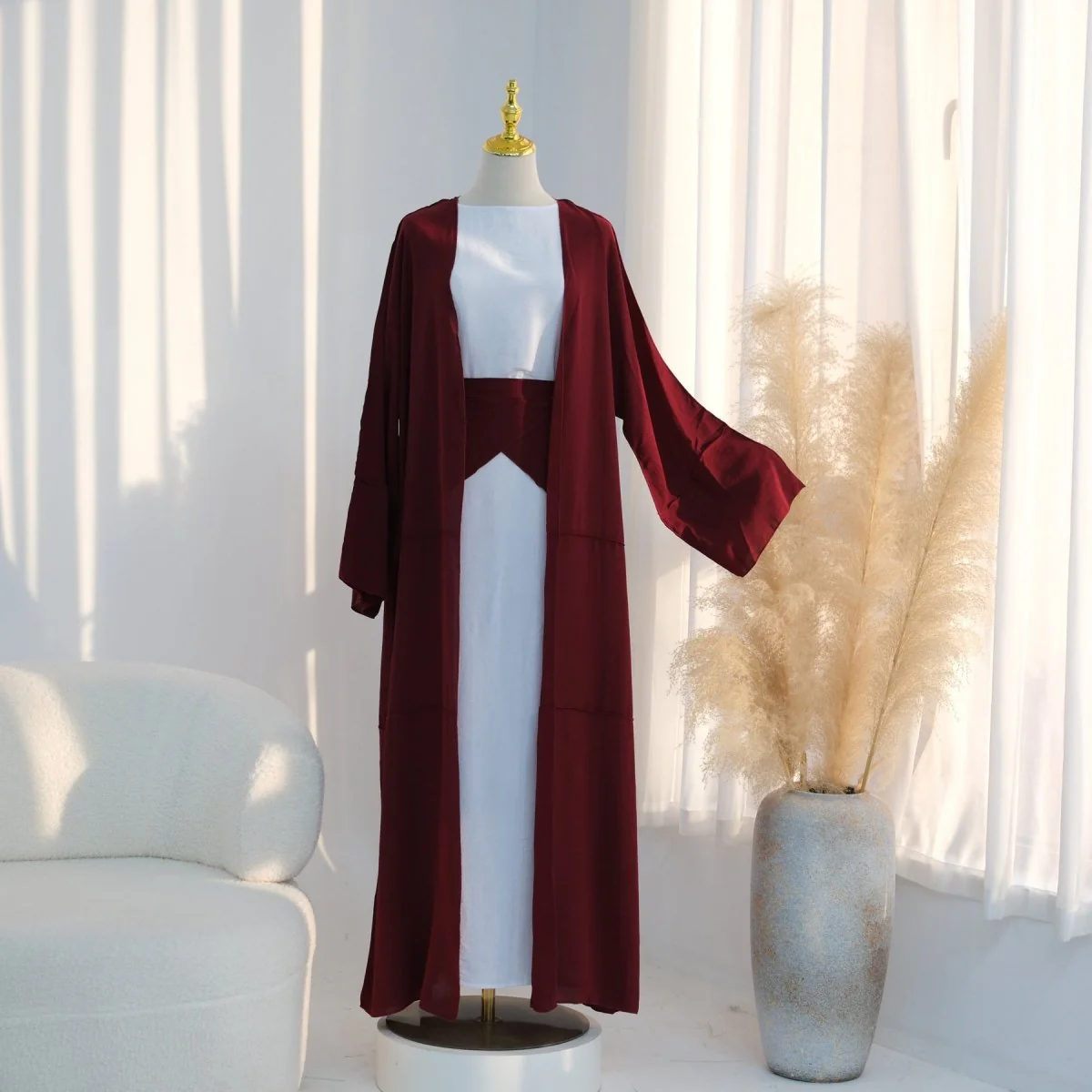 Ice Silk Crinkle Open Abaya with Wide Belt(MOA283) - Image 9