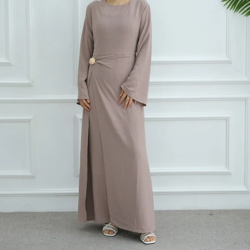 Ice Silk Crinkle Round Neck A-Line Work Dress with Decorative Button & Built-in Belt(MA308) - Image 10