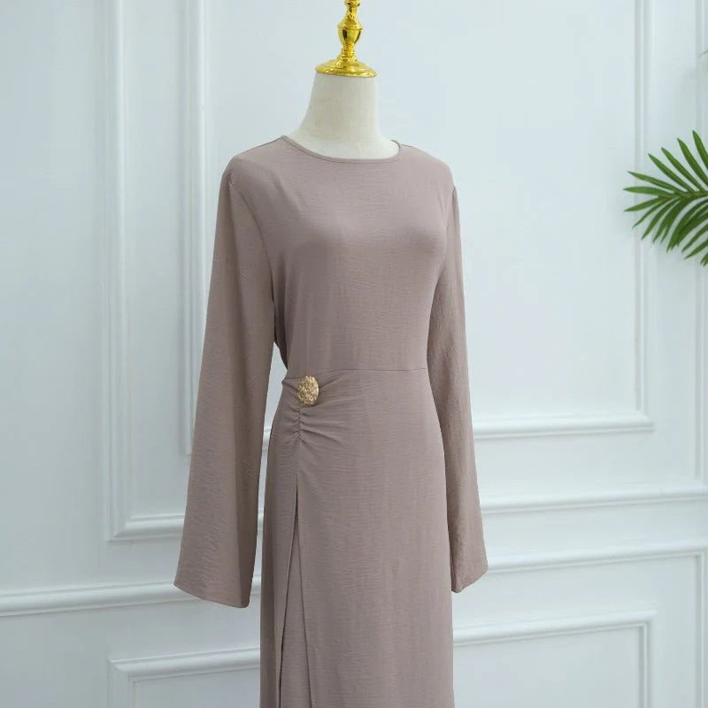 Ice Silk Crinkle Round Neck A-Line Work Dress with Decorative Button & Built-in Belt(MA308) - Image 11
