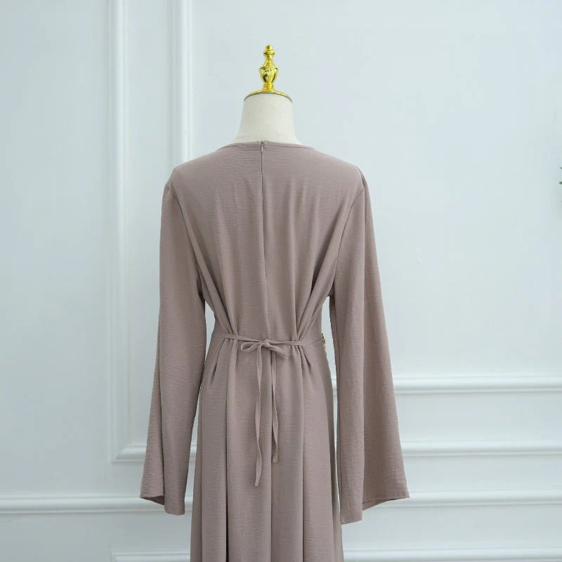 Ice Silk Crinkle Round Neck A-Line Work Dress with Decorative Button & Built-in Belt(MA308) - Image 12