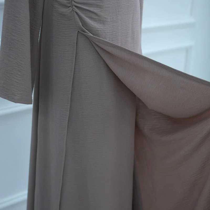 Ice Silk Crinkle Round Neck A-Line Work Dress with Decorative Button & Built-in Belt(MA308) - Image 13