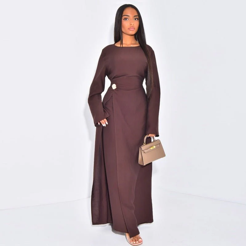 Ice Silk Crinkle Round Neck A-Line Work Dress with Decorative Button & Built-in Belt(MA308) - Image 16
