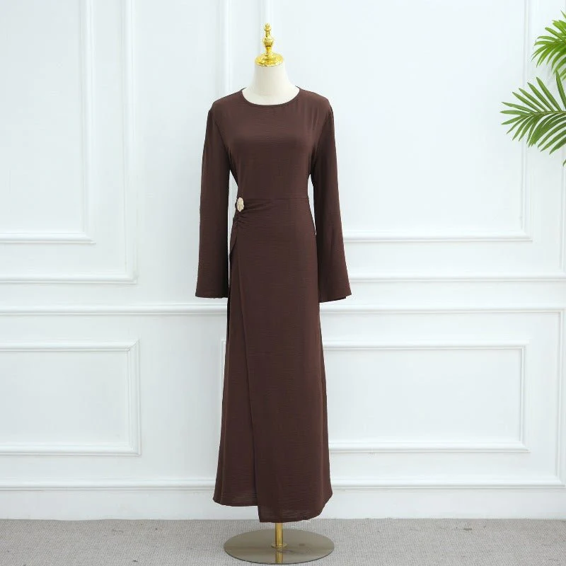 Ice Silk Crinkle Round Neck A-Line Work Dress with Decorative Button & Built-in Belt(MA308) - Image 17