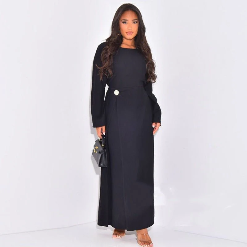Ice Silk Crinkle Round Neck A-Line Work Dress with Decorative Button & Built-in Belt(MA308) - Image 18