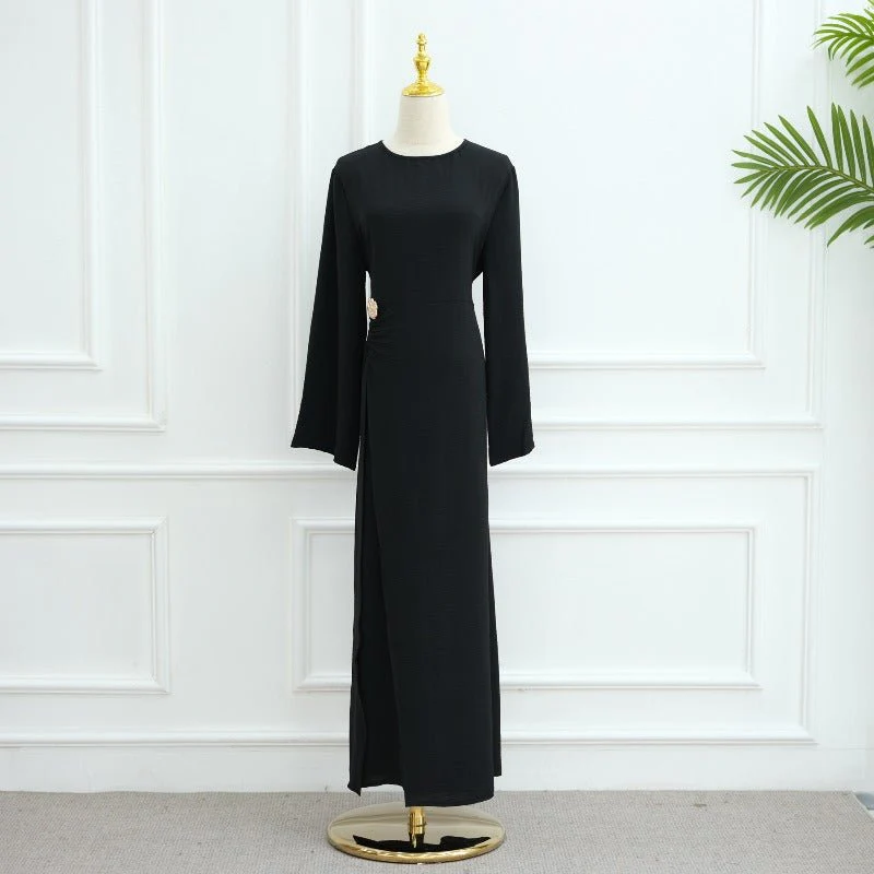 Ice Silk Crinkle Round Neck A-Line Work Dress with Decorative Button & Built-in Belt(MA308) - Image 19