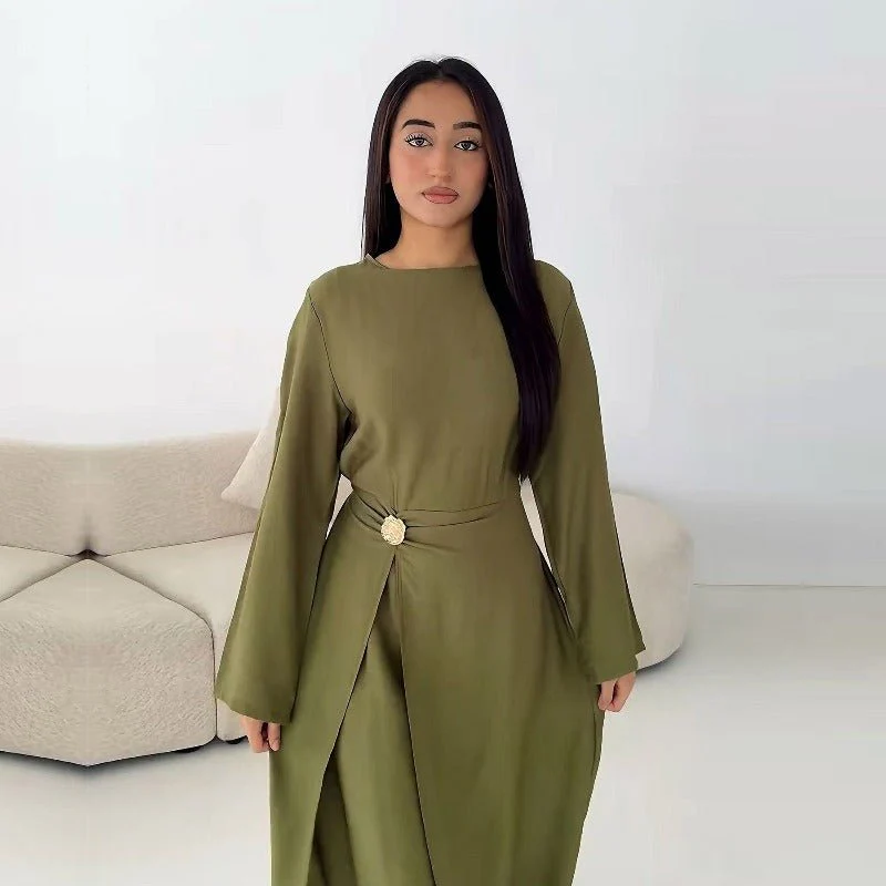 Ice Silk Crinkle Round Neck A-Line Work Dress with Decorative Button & Built-in Belt(MA308) - Image 2
