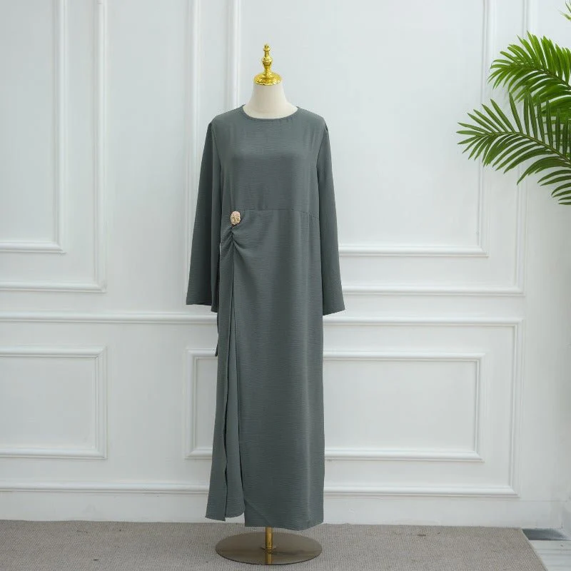 Ice Silk Crinkle Round Neck A-Line Work Dress with Decorative Button & Built-in Belt(MA308) - Image 21