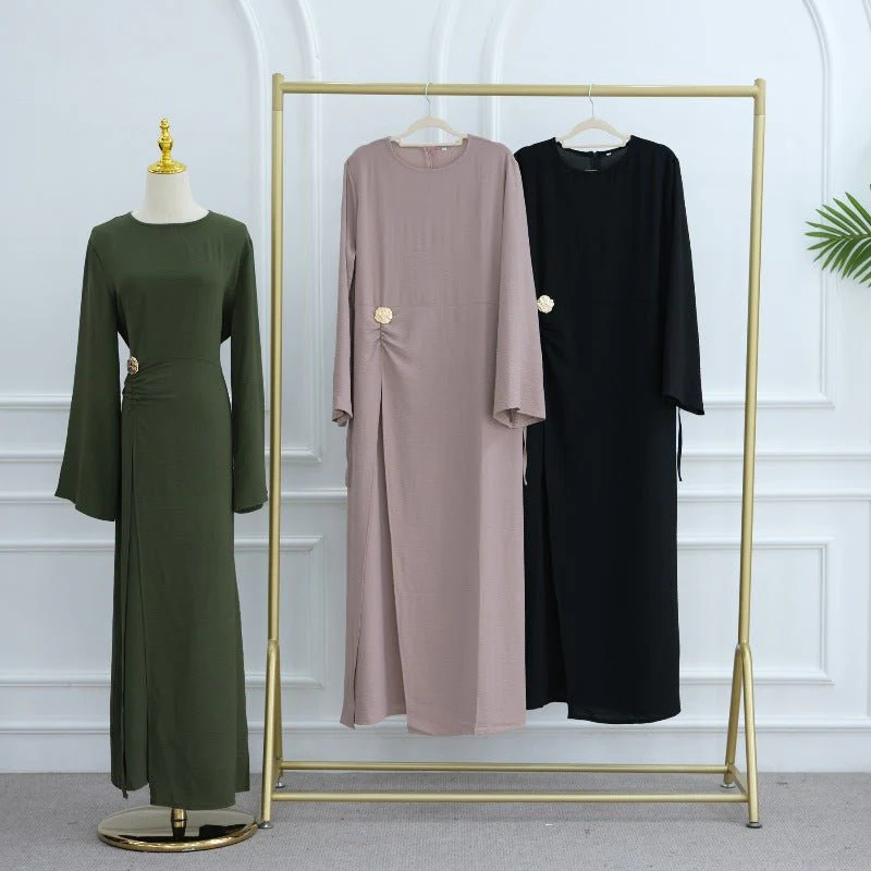 Ice Silk Crinkle Round Neck A-Line Work Dress with Decorative Button & Built-in Belt(MA308) - Image 27