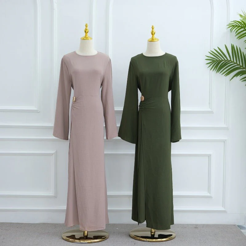 Ice Silk Crinkle Round Neck A-Line Work Dress with Decorative Button & Built-in Belt(MA308) - Image 28