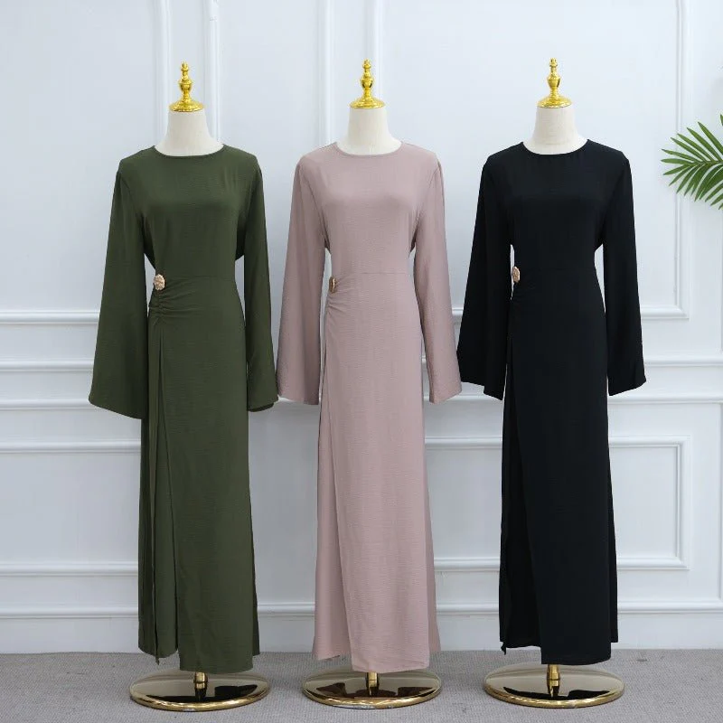 Ice Silk Crinkle Round Neck A-Line Work Dress with Decorative Button & Built-in Belt(MA308) - Image 29