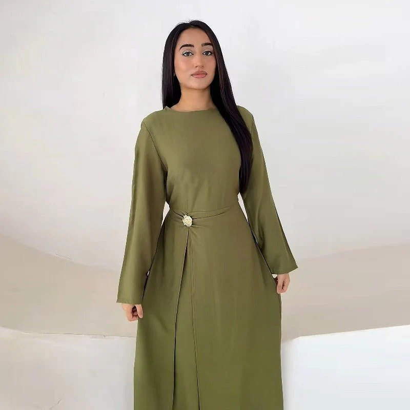 Ice Silk Crinkle Round Neck A-Line Work Dress with Decorative Button & Built-in Belt(MA308) - Image 3