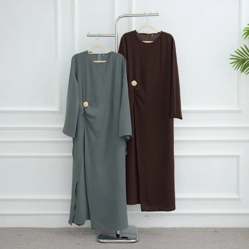 Ice Silk Crinkle Round Neck A-Line Work Dress with Decorative Button & Built-in Belt(MA308) - Image 31