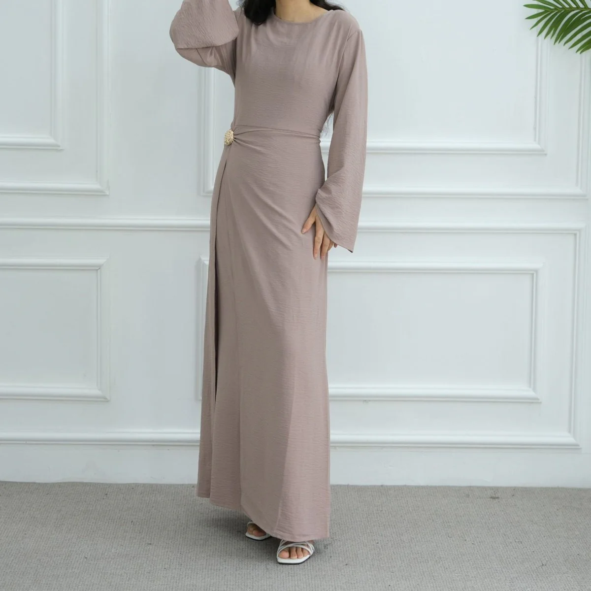 Ice Silk Crinkle Round Neck A-Line Work Dress with Decorative Button & Built-in Belt(MA308) - Image 32