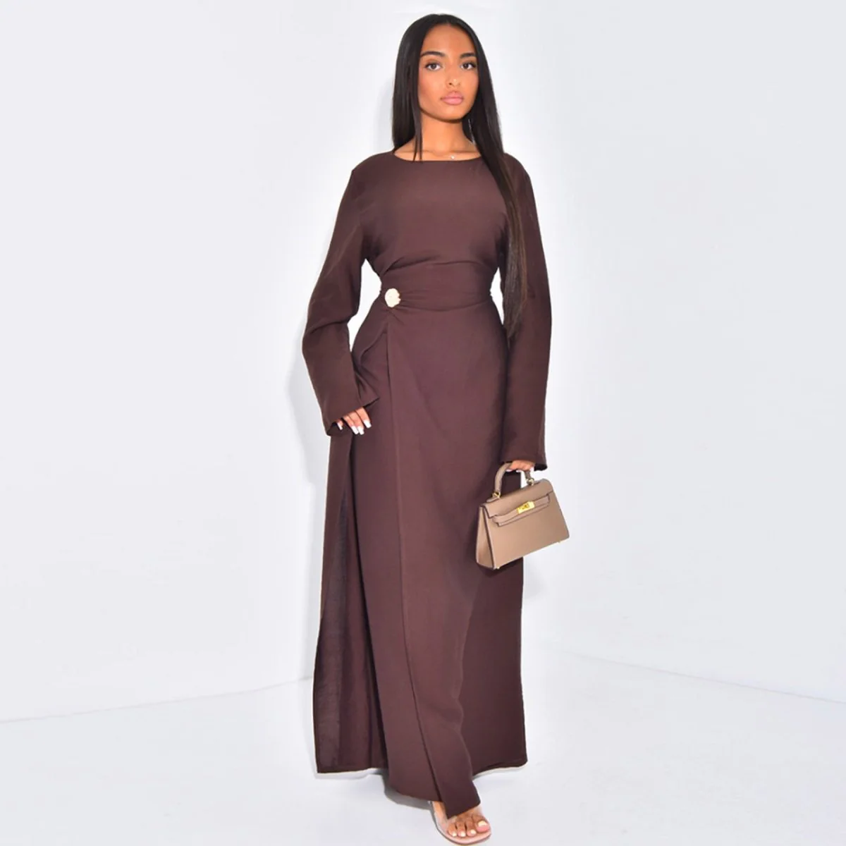 Ice Silk Crinkle Round Neck A-Line Work Dress with Decorative Button & Built-in Belt(MA308) - Image 35