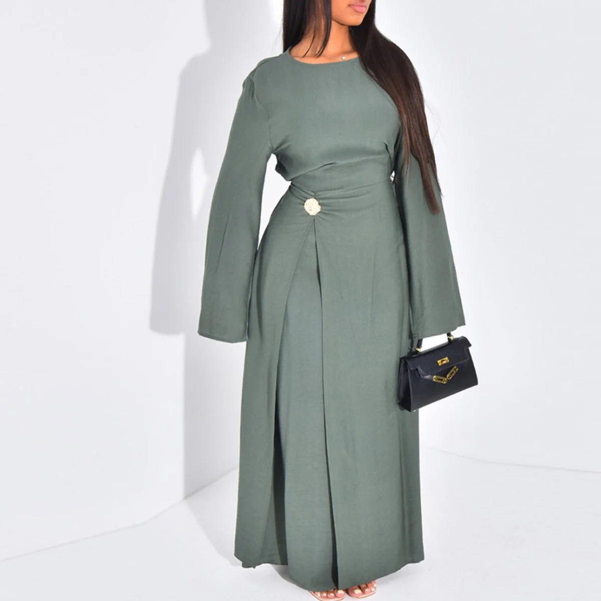 Ice Silk Crinkle Round Neck A-Line Work Dress with Decorative Button & Built-in Belt(MA308) - Image 36