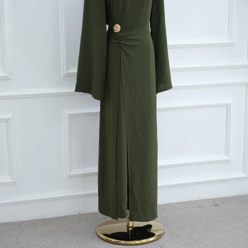 Ice Silk Crinkle Round Neck A-Line Work Dress with Decorative Button & Built-in Belt(MA308) - Image 4