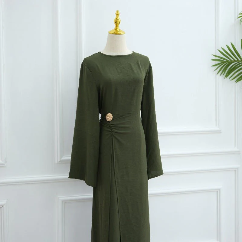 Ice Silk Crinkle Round Neck A-Line Work Dress with Decorative Button & Built-in Belt(MA308) - Image 5